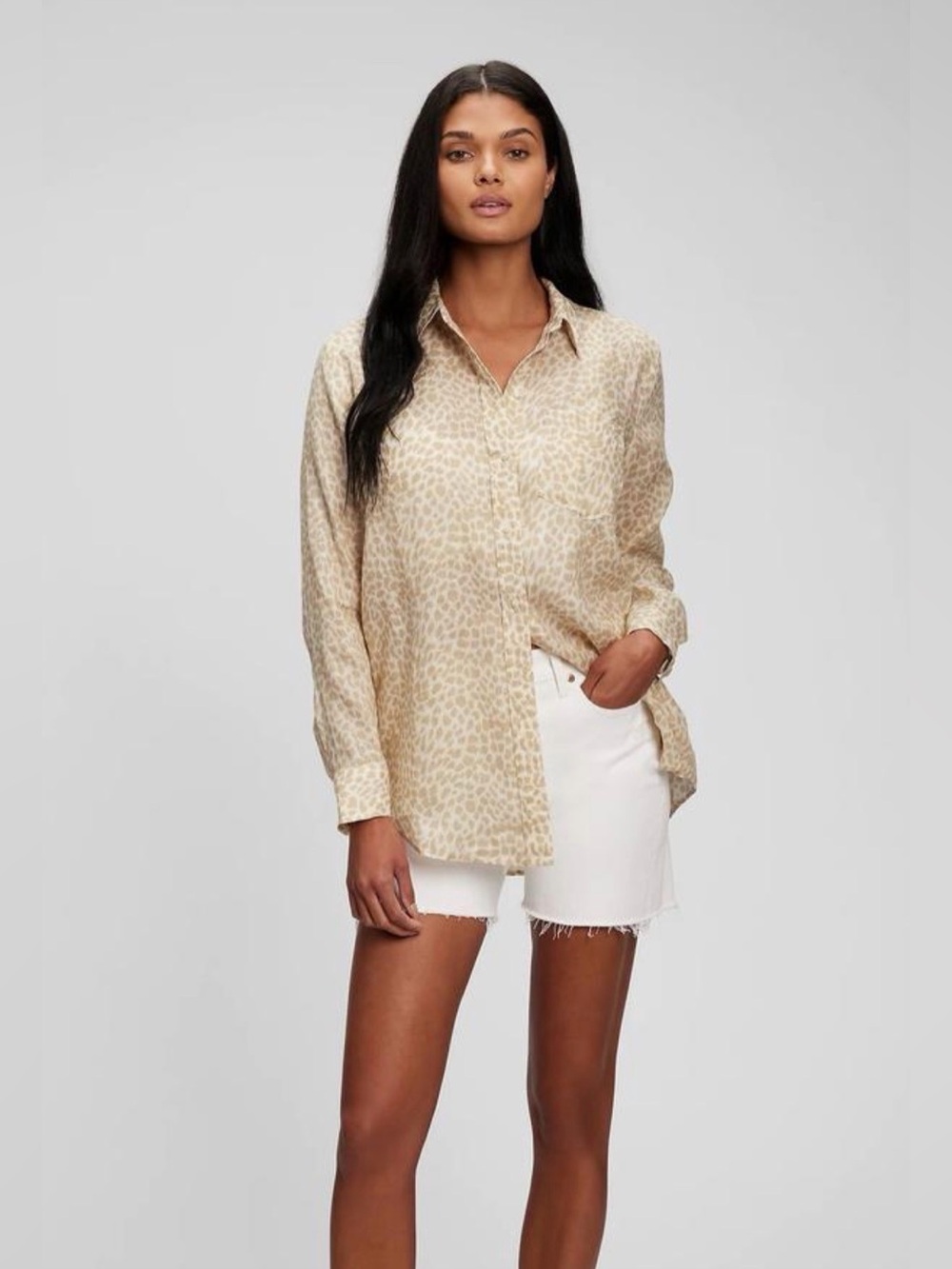 GAP 100% Linen Beige Animal-Print Button-Down Oversized Boyfriend Shirt Size L